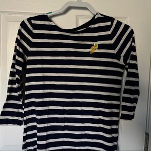 Navy and white striped 3/4 sleeve top with embroidered parrot
